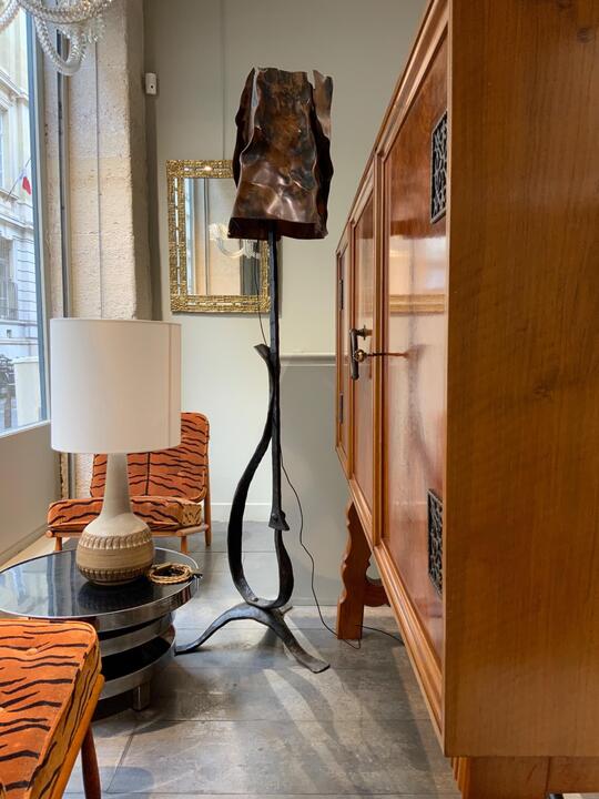 Impressive french iron floor lamp with copper shade