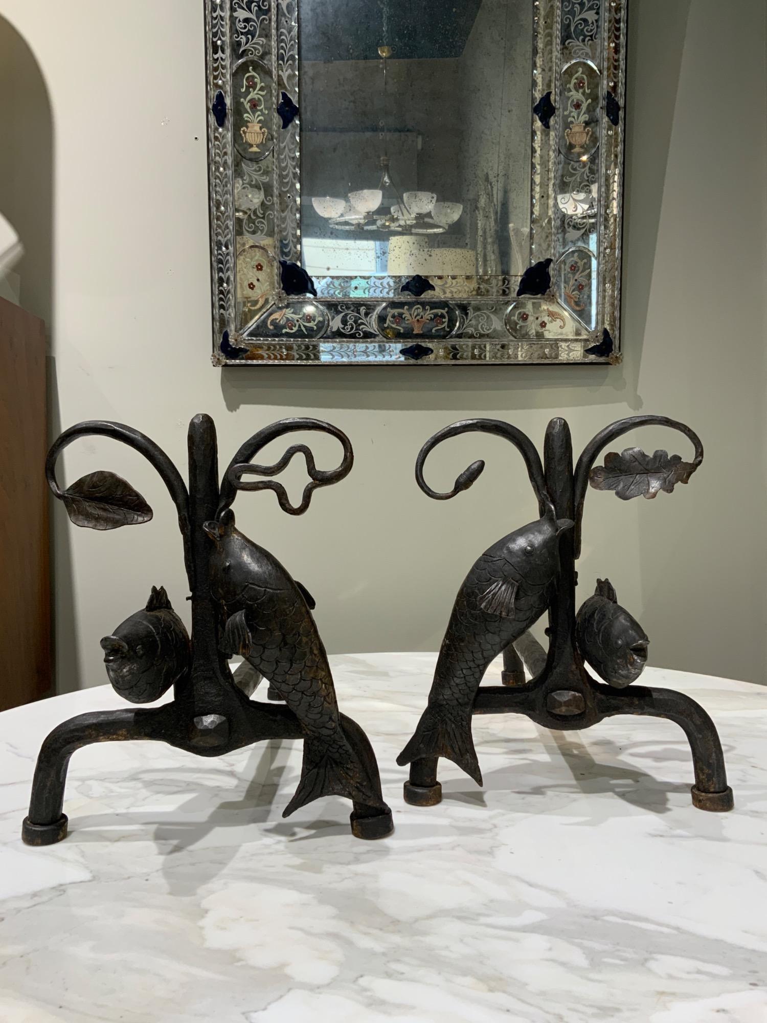 Pair of wrougt iron andirons corca 1950 