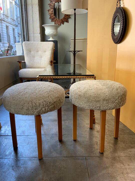 Pair of swedish stools in sheepskin circa 1940