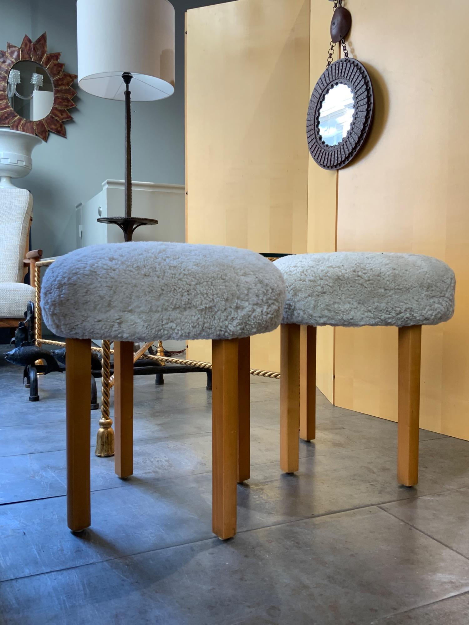 Pair of swedish stools in sheepskin circa 1940