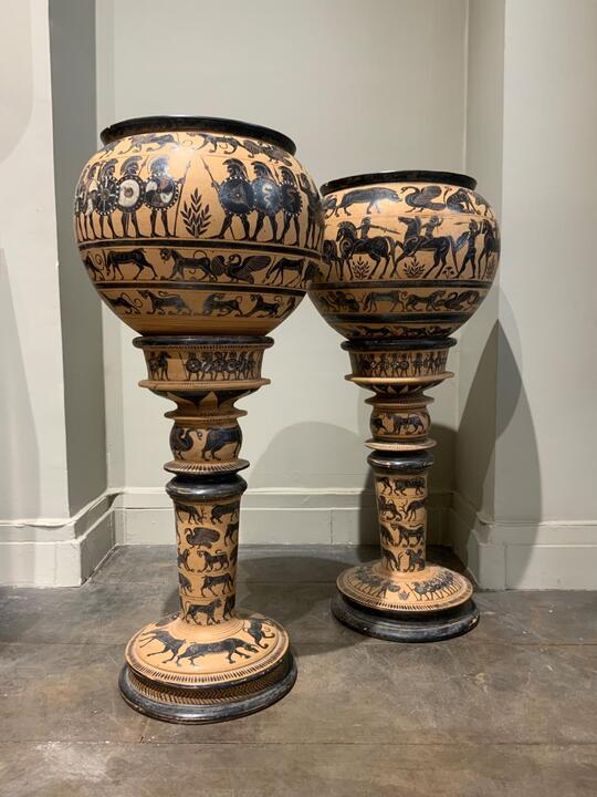 Pair of terra cotta vases with greek decor italy 1900